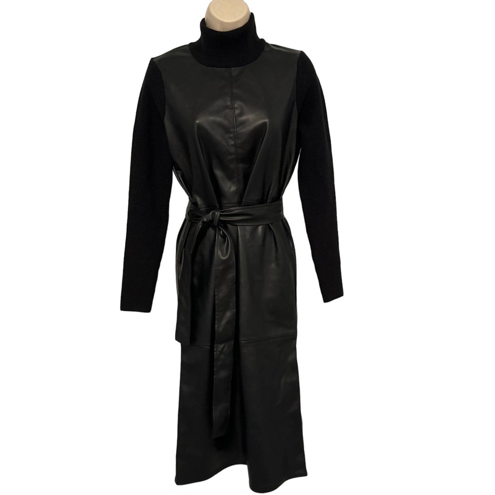 Ann Taylor Faux Leather Mixed Media Turtleneck‎ Midi Dress Black XS NEW